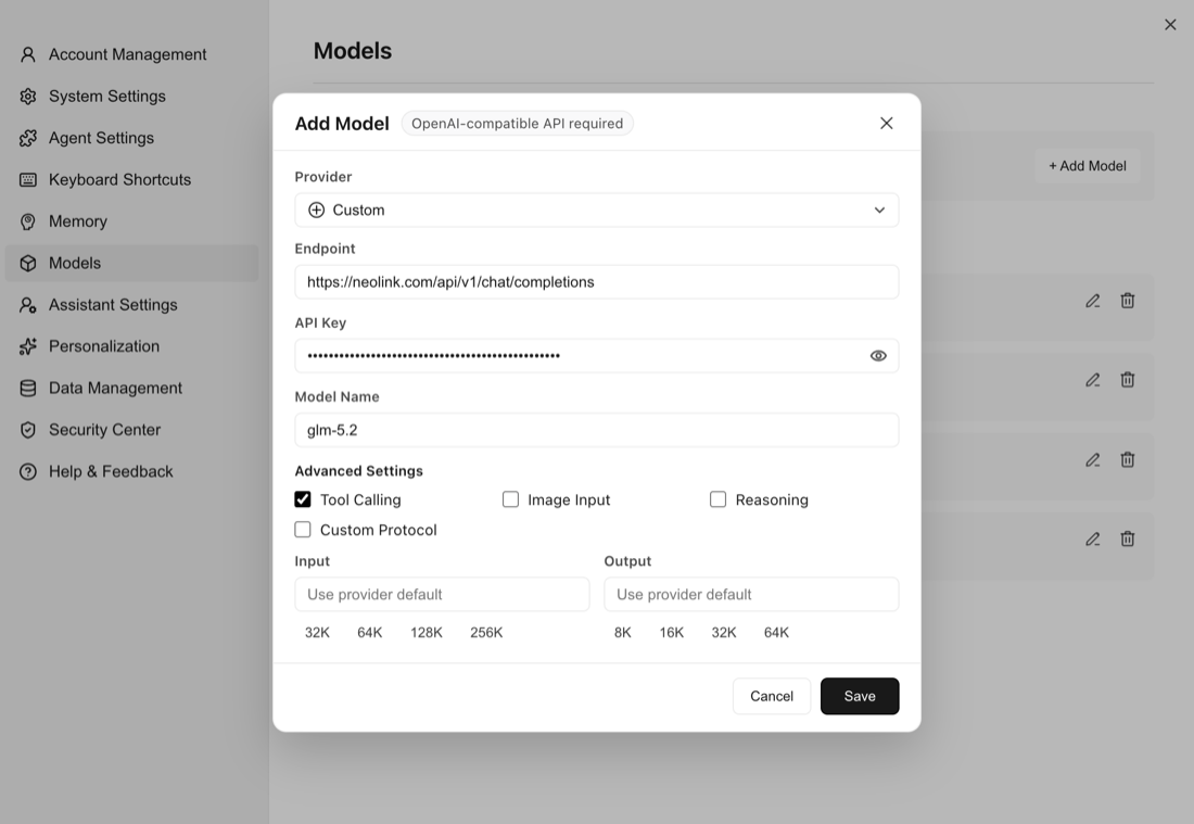 Fill in the endpoint URL, API Key, and model ID